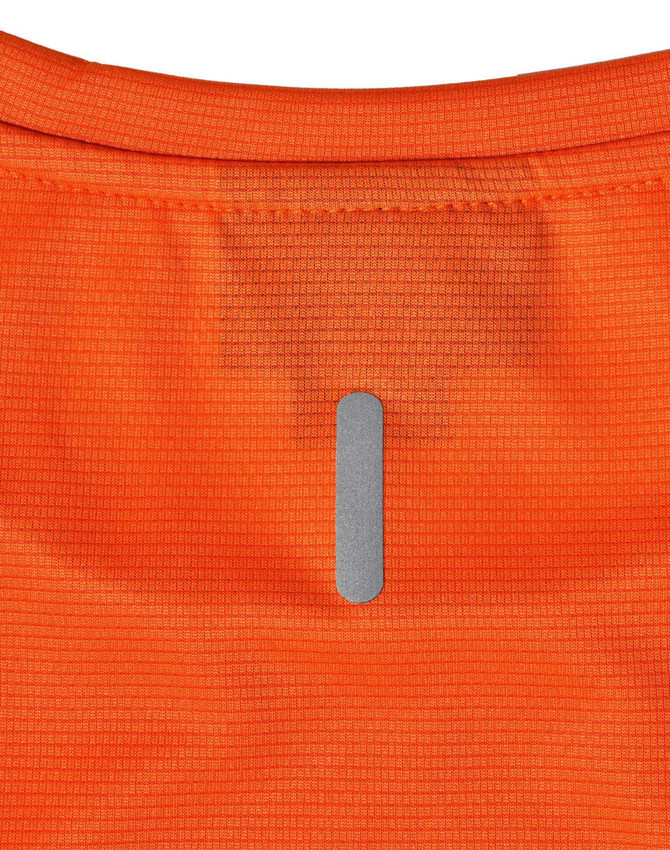 An orange ladies’ lightweight performance T-shirt featuring a logo on the back. 