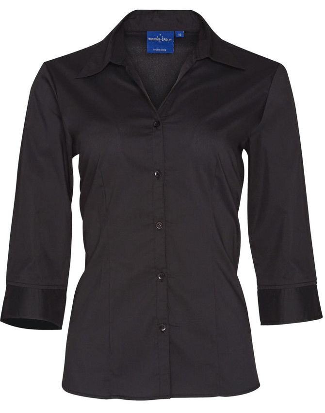 A black women's Teflon executive 3/4 sleeve button-up shirt with a collar and buttons down the front.
