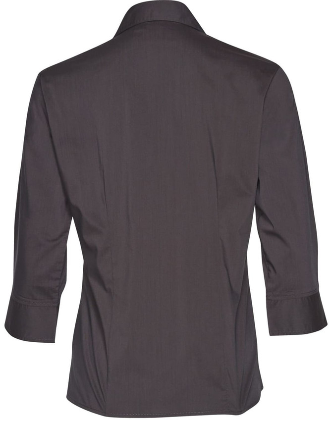 A women's Teflon executive shirt in dark grey, featuring 3/4 sleeves and a simple collar. Includes a branding logo.
