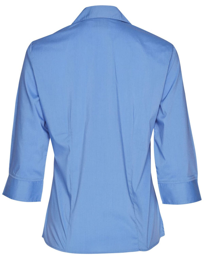 A back view of a blue women's Teflon executive 3/4 sleeve button-up shirt with a collar and rolled sleeves.