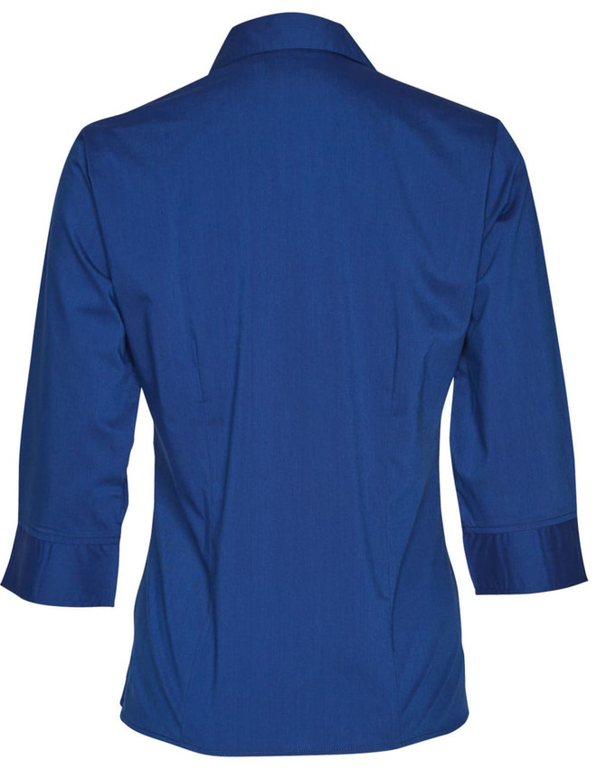 A women's Teflon executive shirt in a vibrant blue, featuring 3/4 sleeves and a classic button-up design.