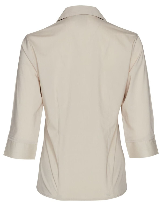 A beige women's button-up shirt with three-quarter sleeves, featuring a back view and a logo at the collar.