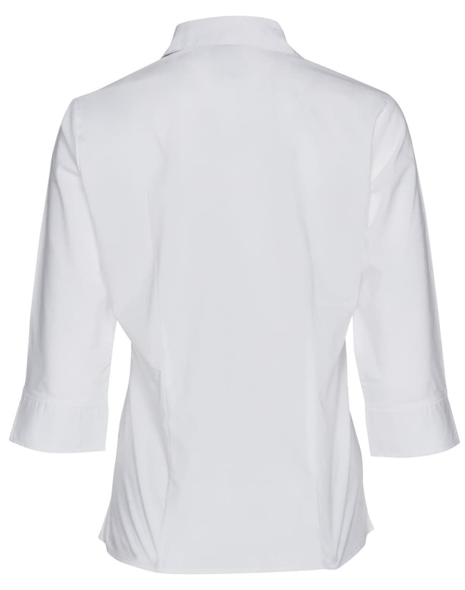 A white women's button-up shirt with 3/4 sleeves, featuring a back view and a simple design.