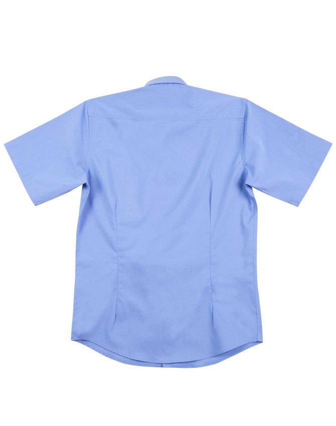 A light blue men's short sleeve button-up shirt with a back yoke and logo. Features a smooth, polished fabric.