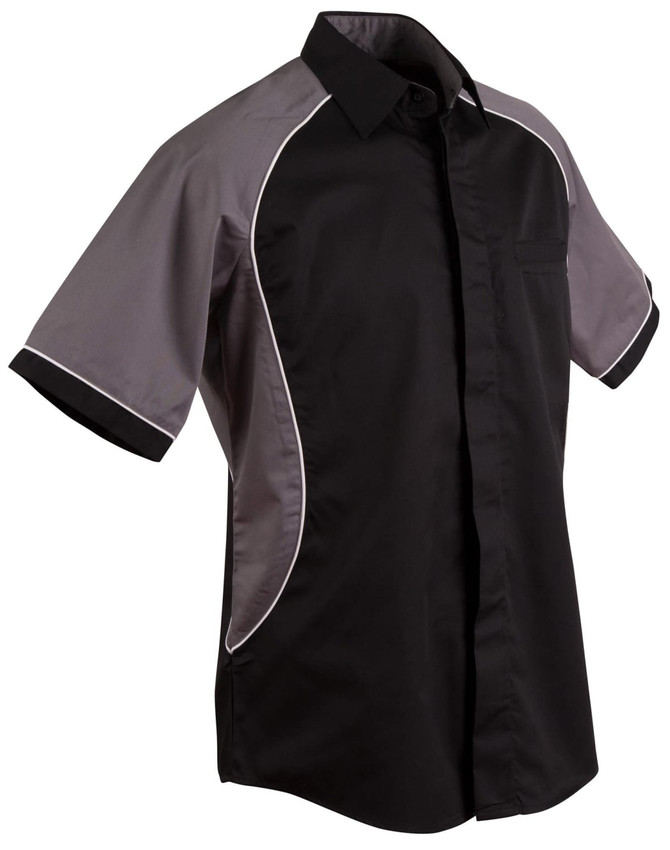 Men's tri-colour contrast button-up shirt featuring black and grey sections with white piping and a chest pocket.