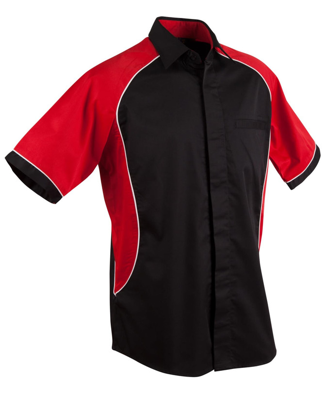 Men's tri-colour contrast button-up shirt in black with red sleeves and white accents. Features a logo on the chest.