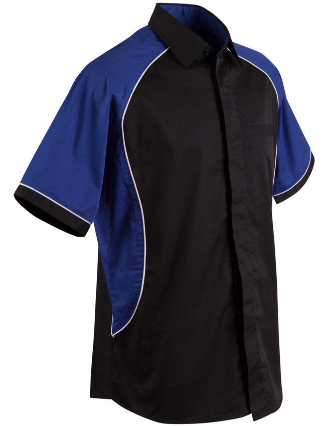 Men’s button-up shirt in black with blue contrast sleeves and white piping, featuring a logo on the chest.