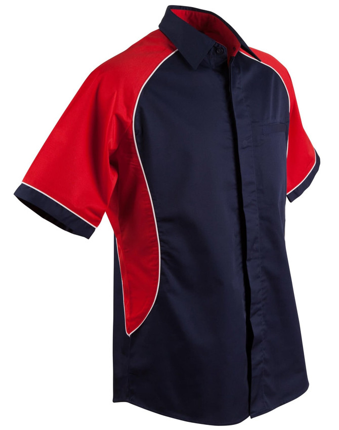 A button-up shirt featuring a navy blue base with red contrast detailing and white piping.
