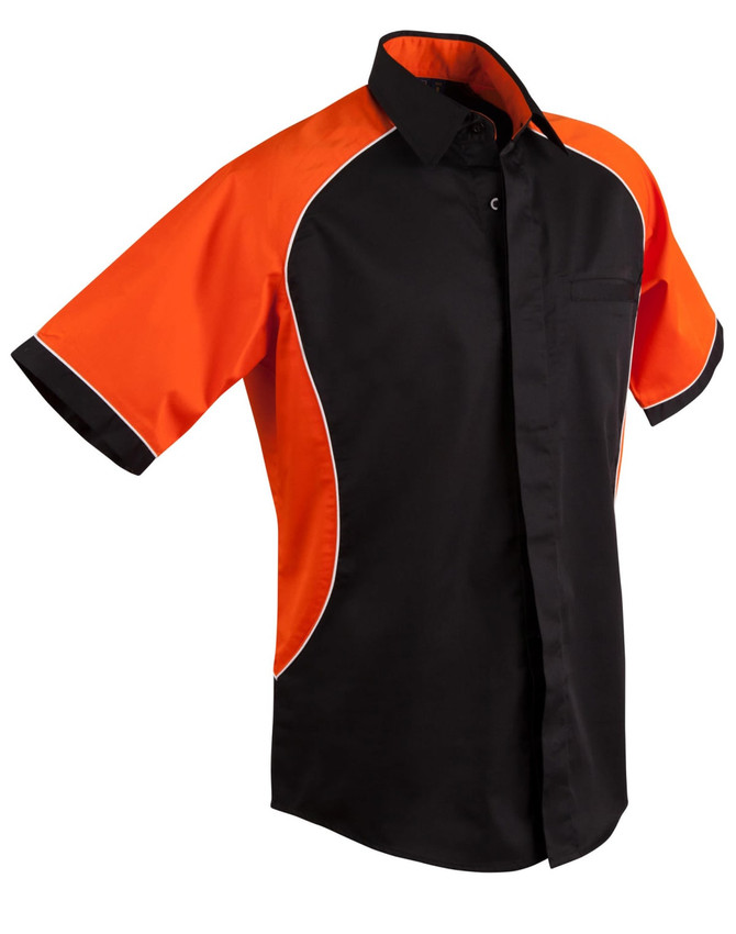 A black button-up shirt with orange contrast sleeves and white piping. It features a logo on the chest.