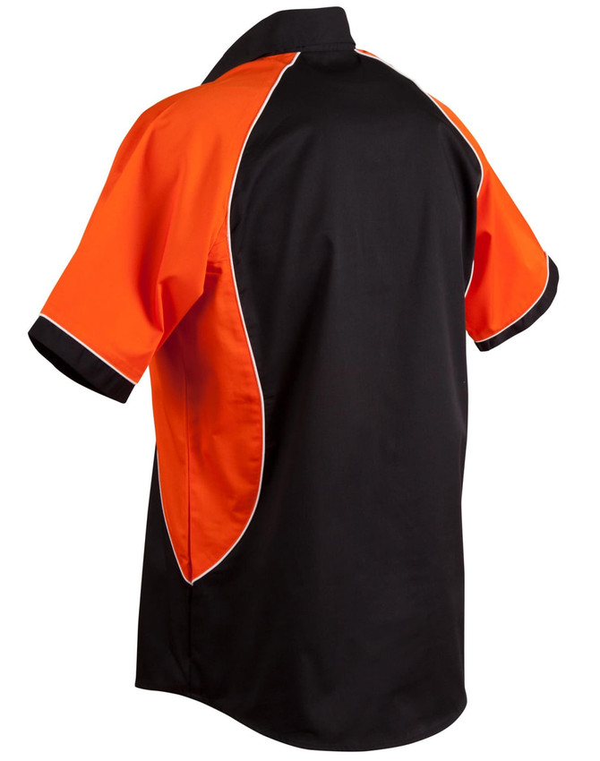 A men's button-up shirt featuring tri-colour contrast with orange and black panels, and a logo.