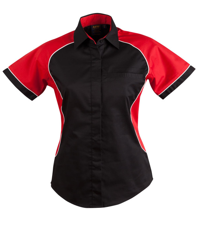 A Women's button-up shirt featuring tri-colour contrast with black, red, and white elements, and a logo on the chest.