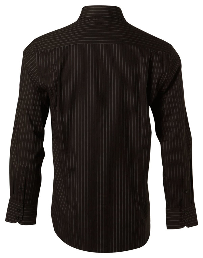 A black long sleeve button-up shirt with thin white stripes and a collar, featuring a logo on the back.