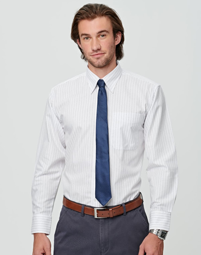 A white striped button-up shirt with long sleeves, featuring a chest pocket and paired with a blue tie.