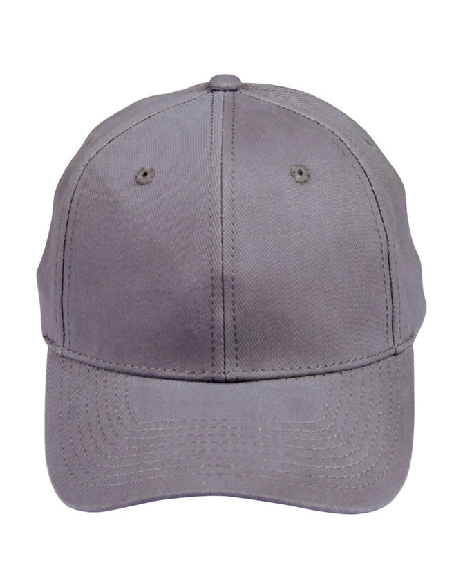 A grey heavy brushed cotton cap with a curved brim and an adjustable strap at the back. Features a logo.