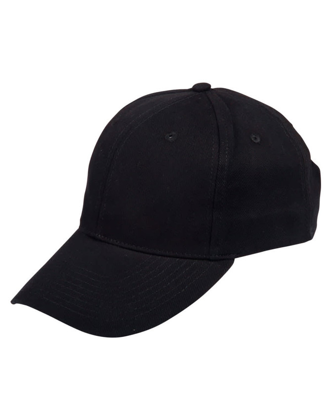 A black heavy brushed cotton cap featuring a curved brim and a fitted design, with a logo on the front.