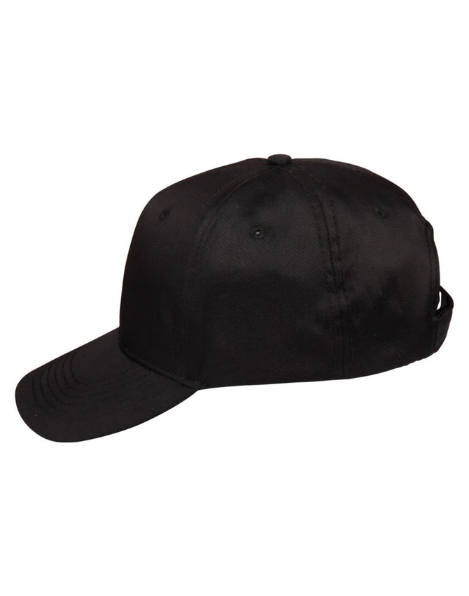 A black polycotton twill cap featuring a curved brim and a logo on the side.