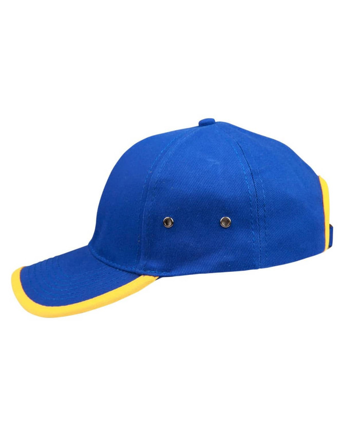 A blue cap with yellow accents and features metal eyelets for ventilation. It has a curved brim and an adjustable strap.