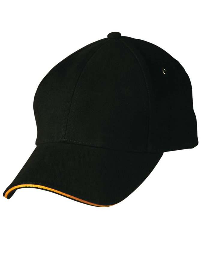 A black cap with a curved brim and a subtle yellow accent, featuring a small logo on the side.