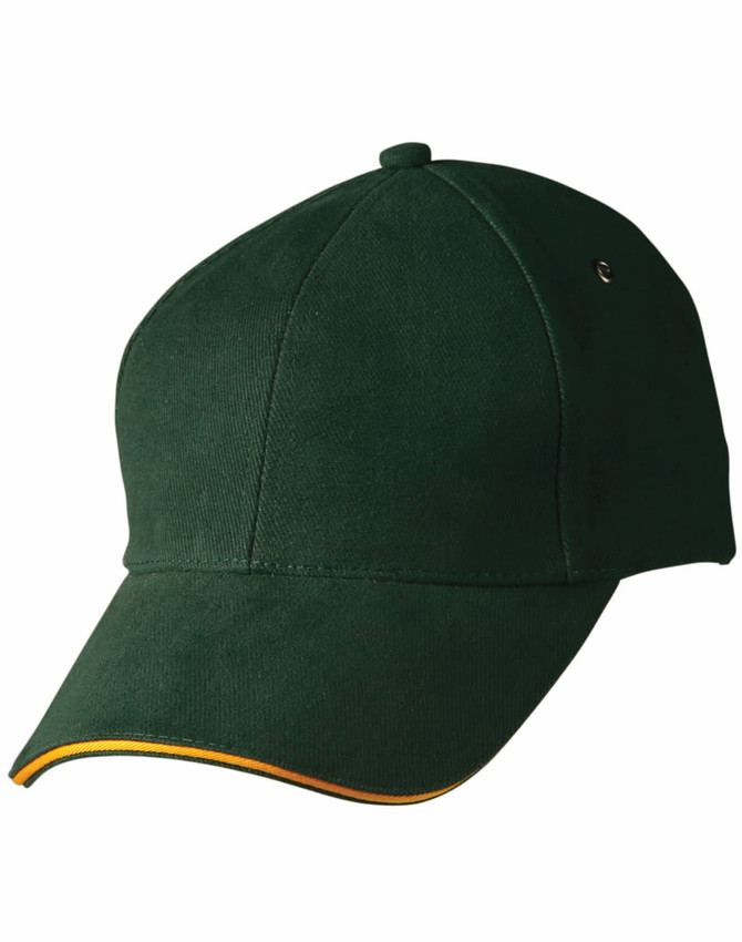 A green cap with a curved brim, featuring a subtle logo and a yellow accent on the brim.