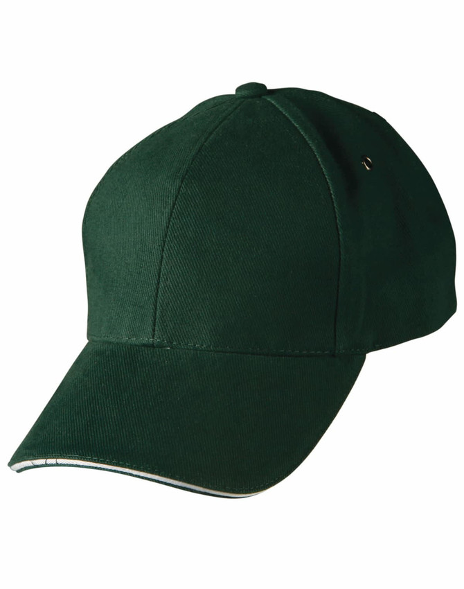 A dark green cap with a curved visor, featuring a logo on the side. The design is simple and classic.