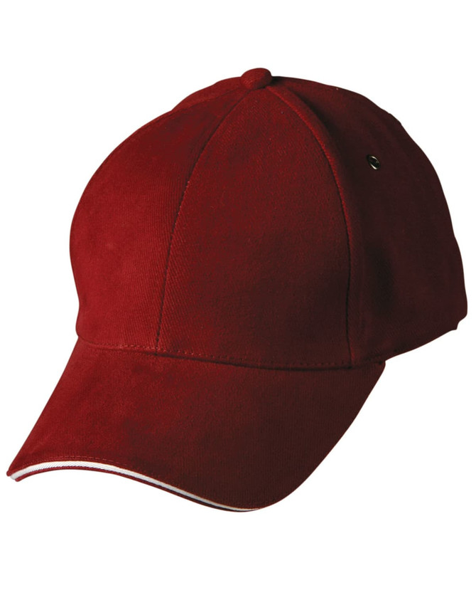 A red Sandwich Peak Cap with a curved brim and an eyelet, featuring a logo on the side.