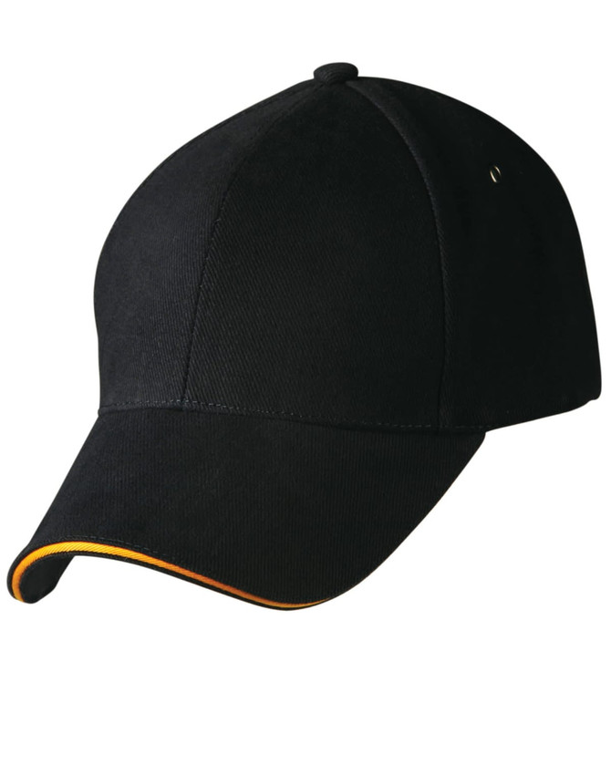 A black cap with a curved peak and a yellow accent along the edge, featuring a logo on the side.