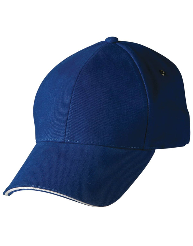 A blue sandwich peak cap featuring a logo. The cap has a structured design and a slightly curved peak.
