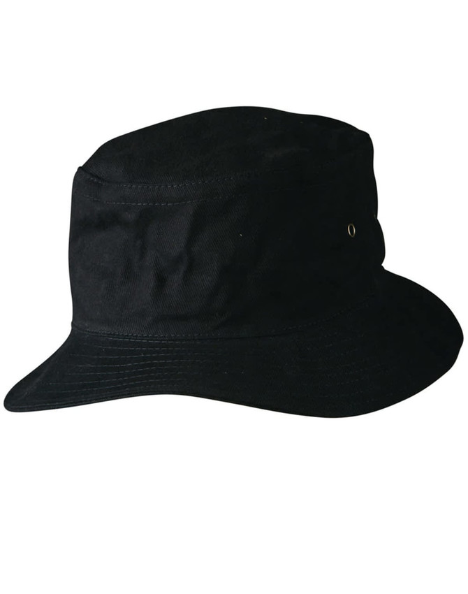 A black soft washed bucket hat with a wide brim and a subtle logo detail.