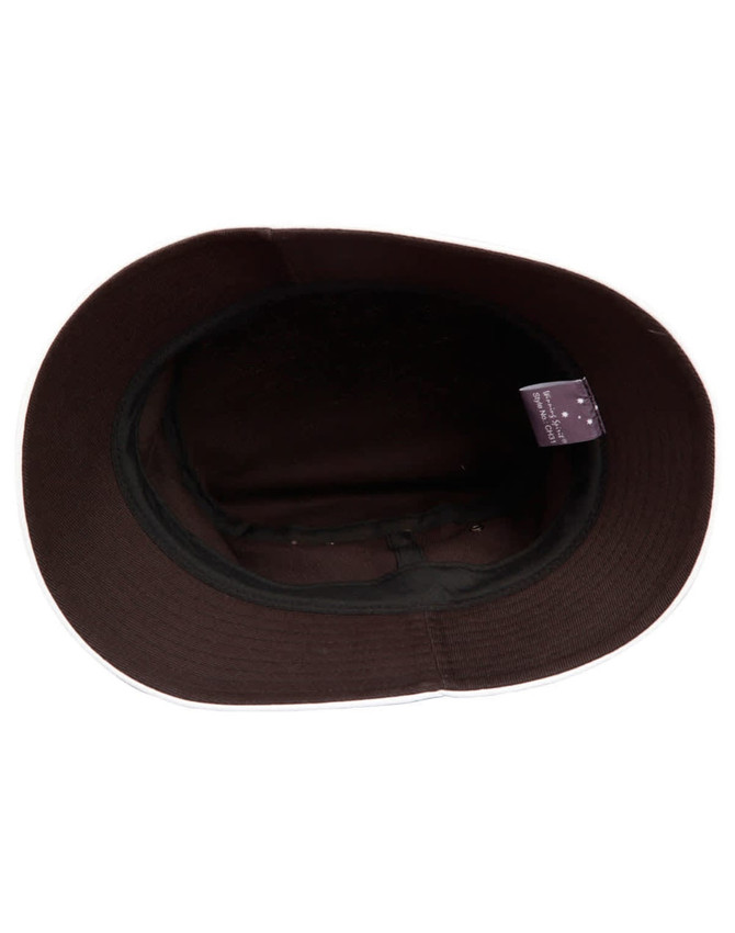 A brown bucket hat with a contrasting edge and a label inside. It features a wide brim.