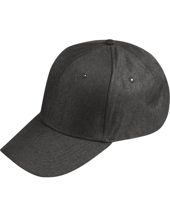 A dark heather cap with a structured design and a curved brim, featuring a logo.