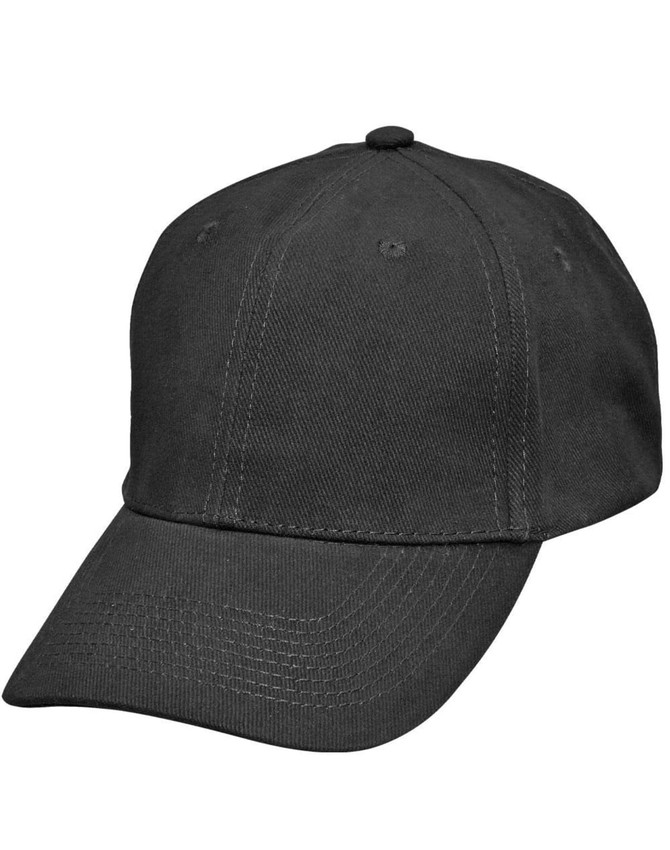 A black heavy brushed cotton cap with a buckle, featuring a curved brim and stitching details. It has a logo.