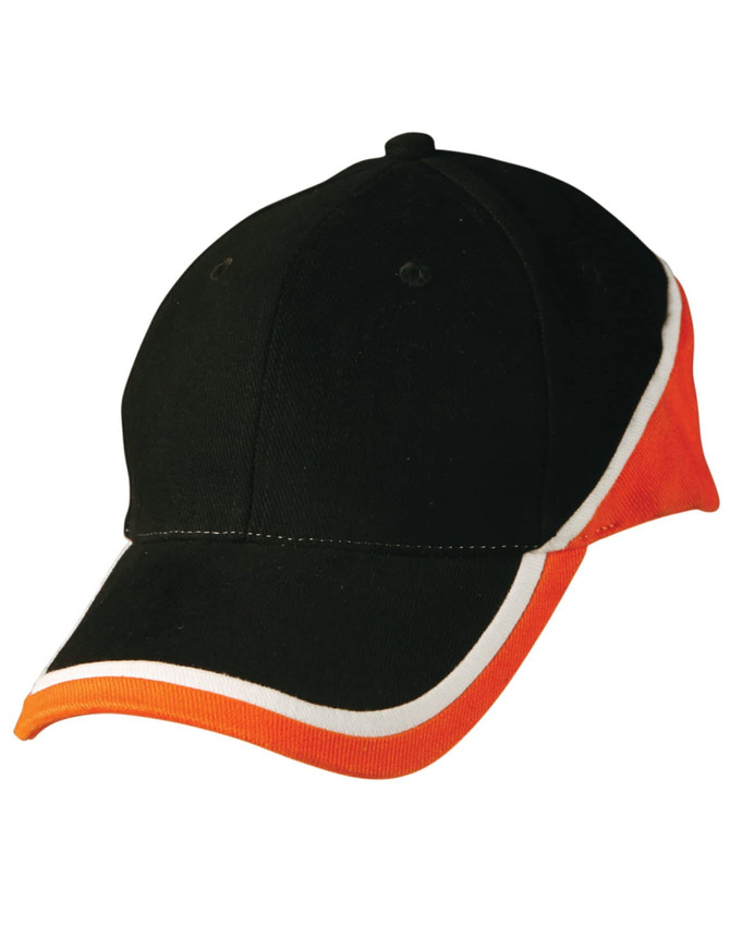 A black cap with orange and white contrast detailing, featuring a logo on the front.