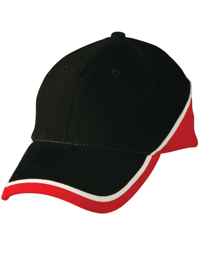 A black cap with red accents and contrasting white stripes, featuring a logo on the front.