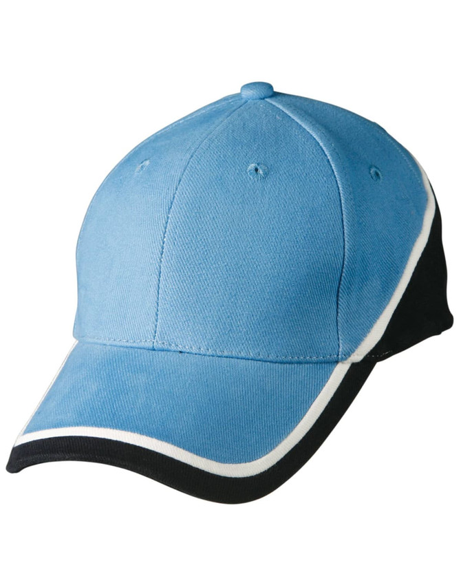 A blue and black cap with white trim and a logo on the front.