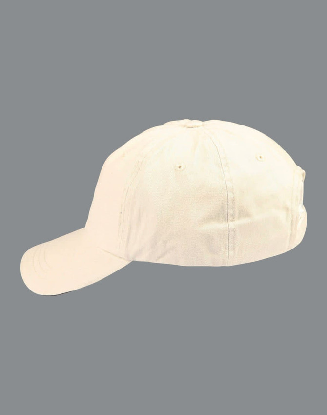 A washed polo sandwich cap in a neutral beige colour, featuring a curved brim and an adjustable strap at the back.
