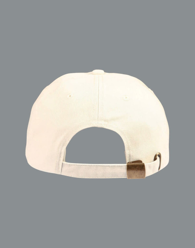 A washed beige polo sandwich cap featuring an adjustable strap and a logo on the back.