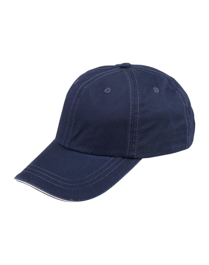 A navy washed polo sandwich cap with stitching details and a logo. Lightweight design suitable for casual wear.