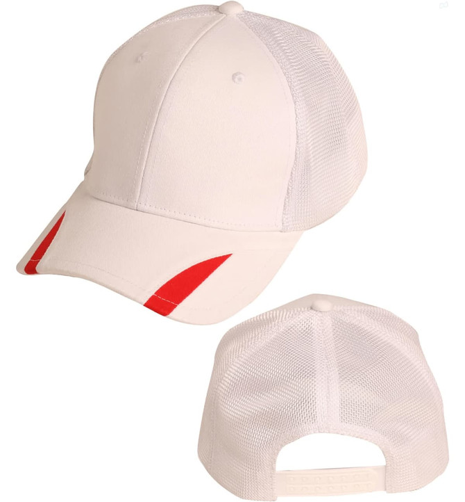 A white cap with red trim and mesh panels, featuring a branded logo on the back.