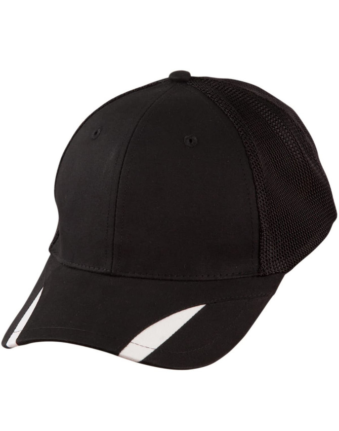 A black cap with a mesh back and white trim detailing, featuring a logo branding.