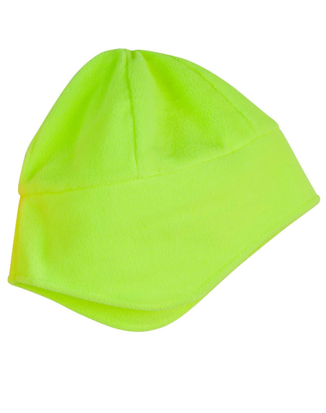 A bright yellow polar beanie with ear covers, featuring a simple design and a logo.