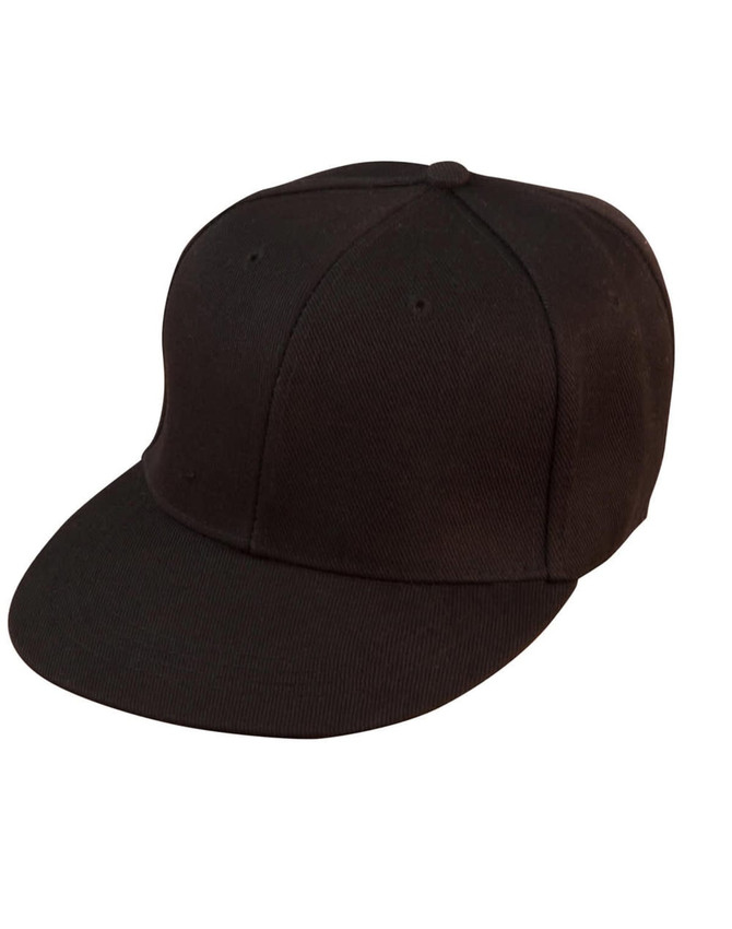 A black snapback cap with a structured design and a logo on the front.