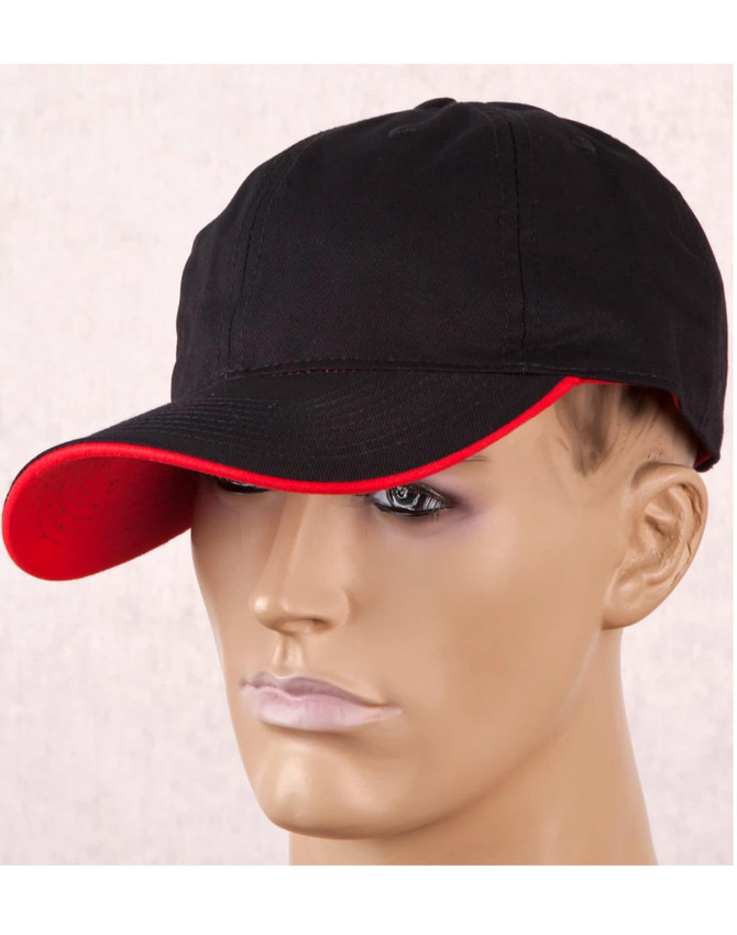 A black cap with a red contrast colour on the peak, featuring a logo on the front.