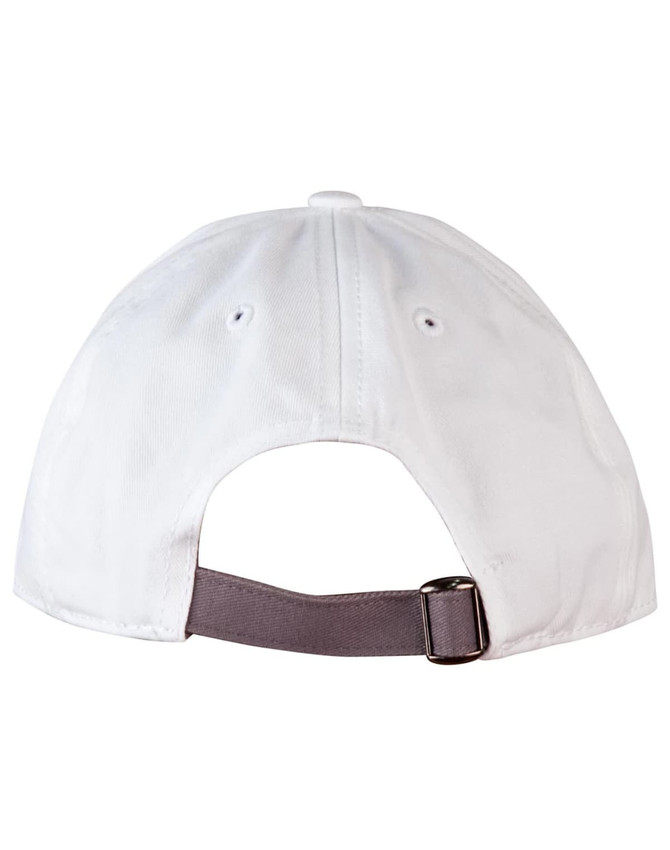 A white cap featuring a grey adjustable strap at the back and ventilation eyelets. It has a branding logo.