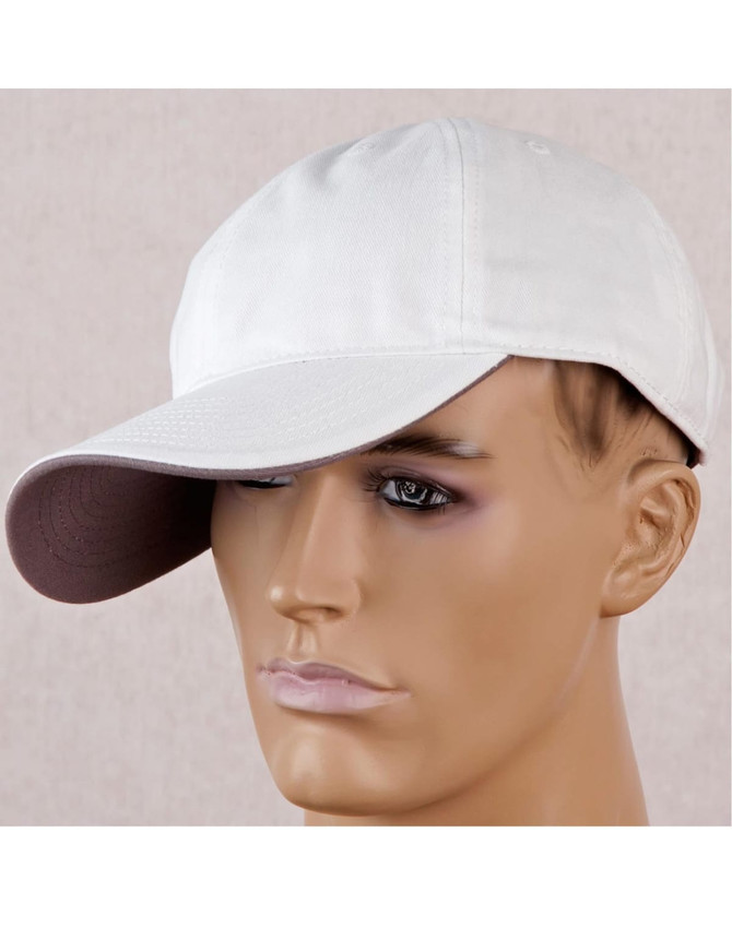 A white cap with a dark brown underpeak, featuring a logo on the front.