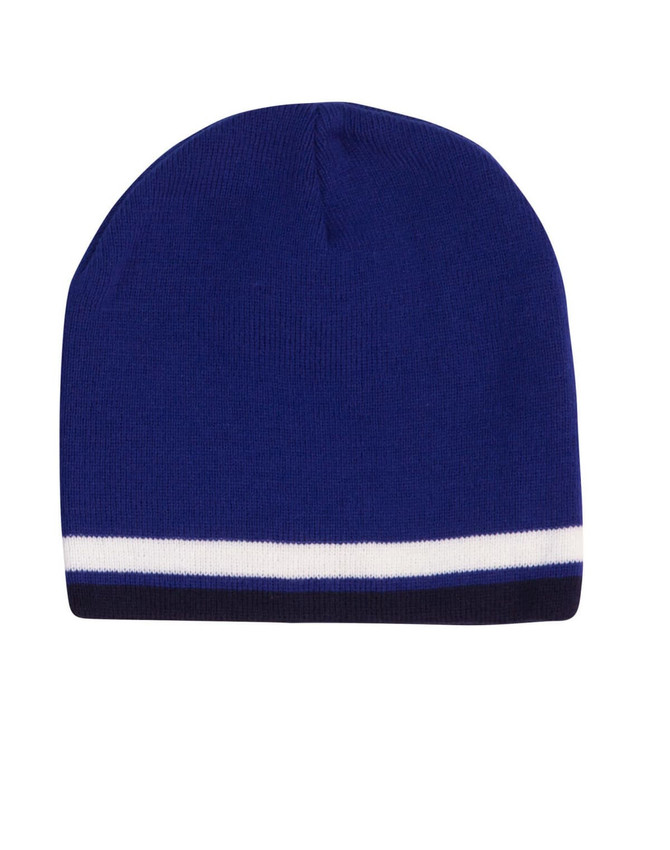 A beanie featuring a dark blue body with contrasting white and navy stripes at the bottom. It has a logo.