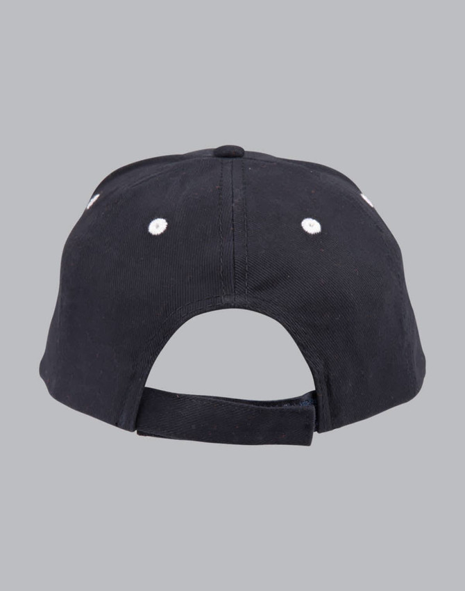 A black structured cap featuring a curved brim and an adjustable back strap. It includes ventilation eyelets.