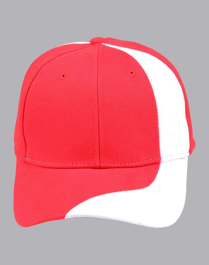 A red baseball cap with a white stripe, featuring a logo on the front.