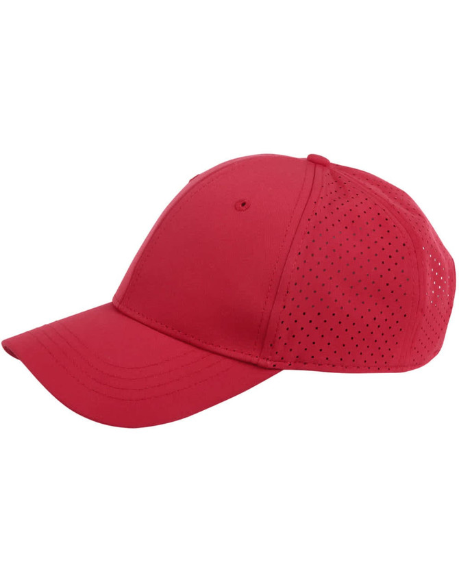 A red 4-way stretch cap with laser cut ventilation holes and a logo, designed for comfort and breathability.