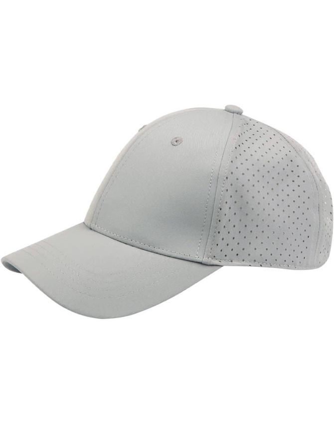 A grey cap with laser-cut ventilation and a curved peak, featuring a logo on the front.