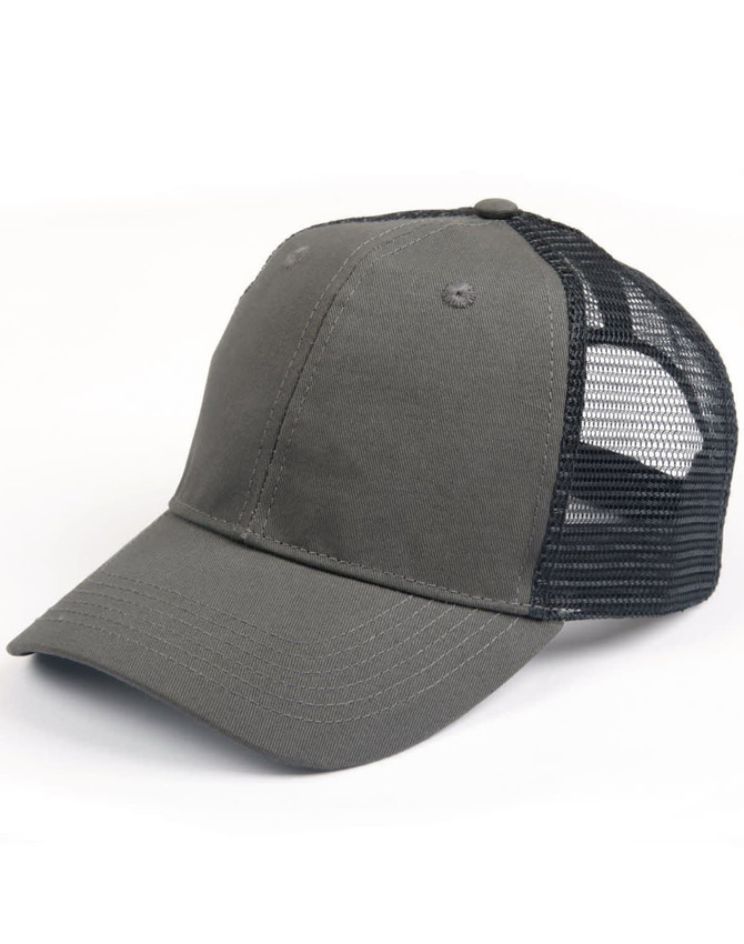 A premium cotton twill trucker cap in grey with a black mesh back and a curved peak.